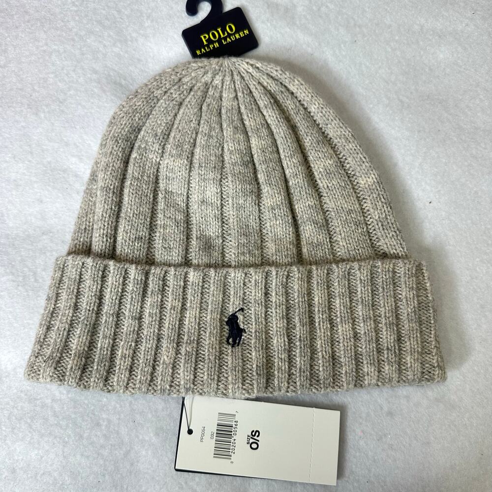Polo Ralph Lauren Signature Wool Blend Cuffed Beanie Hat Heathered Grey Knit NEW